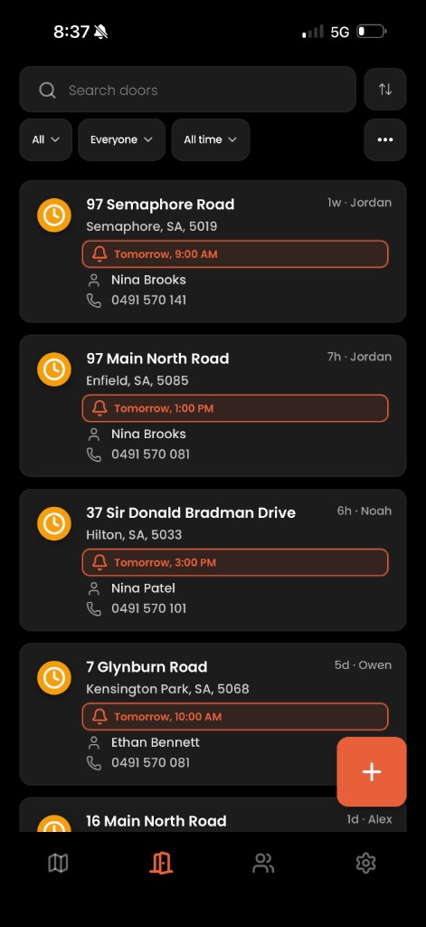 Door list with follow-up reminders, names and phone numbers