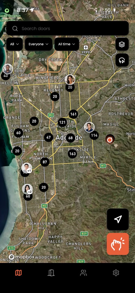 Map of Adelaide with door clusters and teammate photos