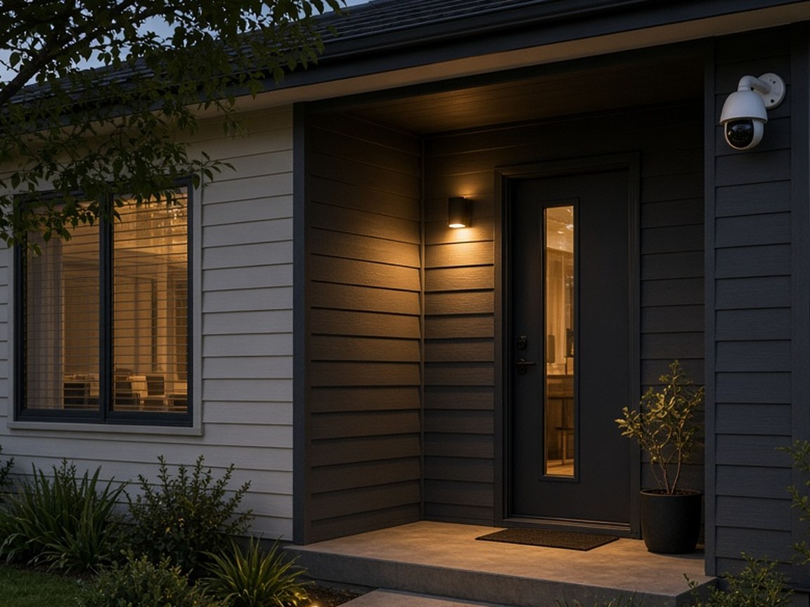 Suburban home porch at dusk