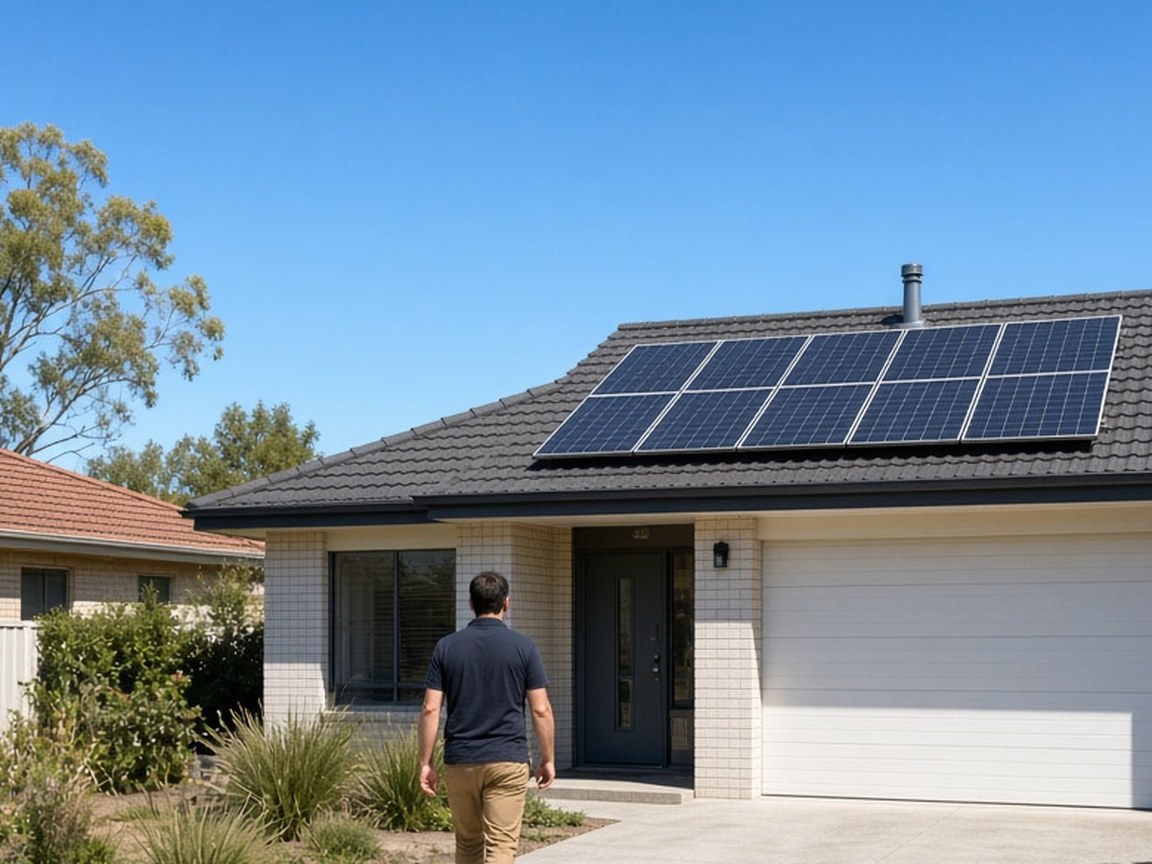 Suburban house with rooftop solar panels