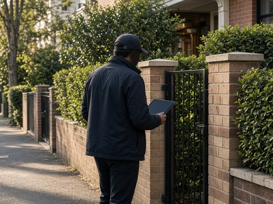 Telecom field rep approaching a townhouse
